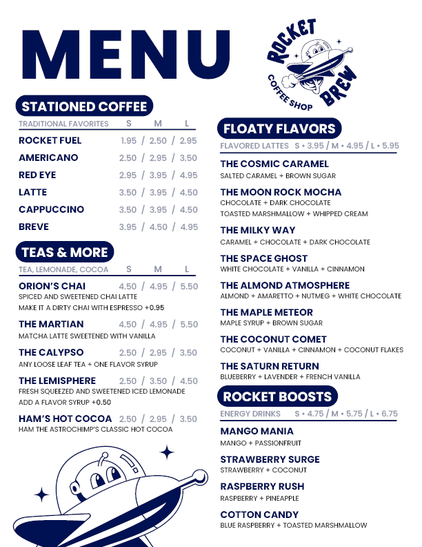 Rocket Brew Menu Front Page