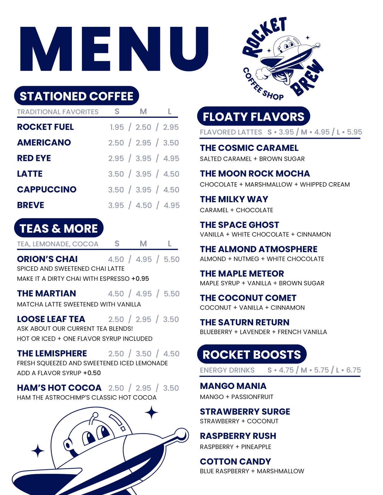 Rocket Brew menu front page