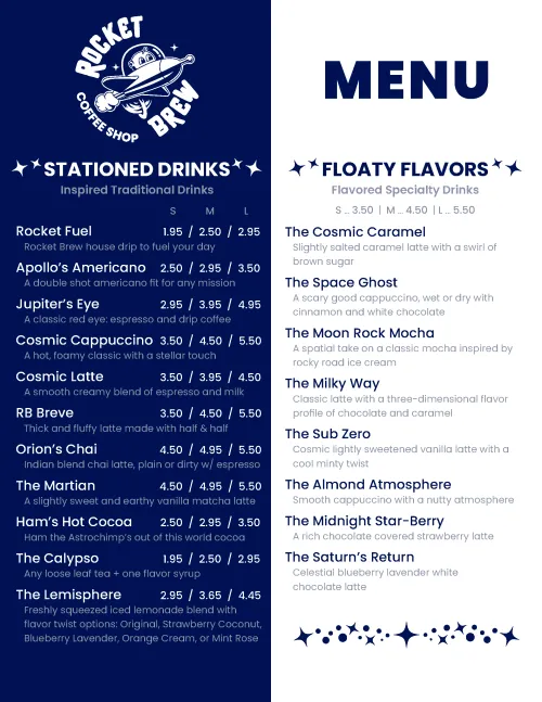 Rocket Brew Menu Front